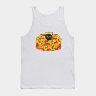 Black and White Tuxedo Cat Playing in a Pile of Fallen Autumn Leaves (White Background) Tank Top
